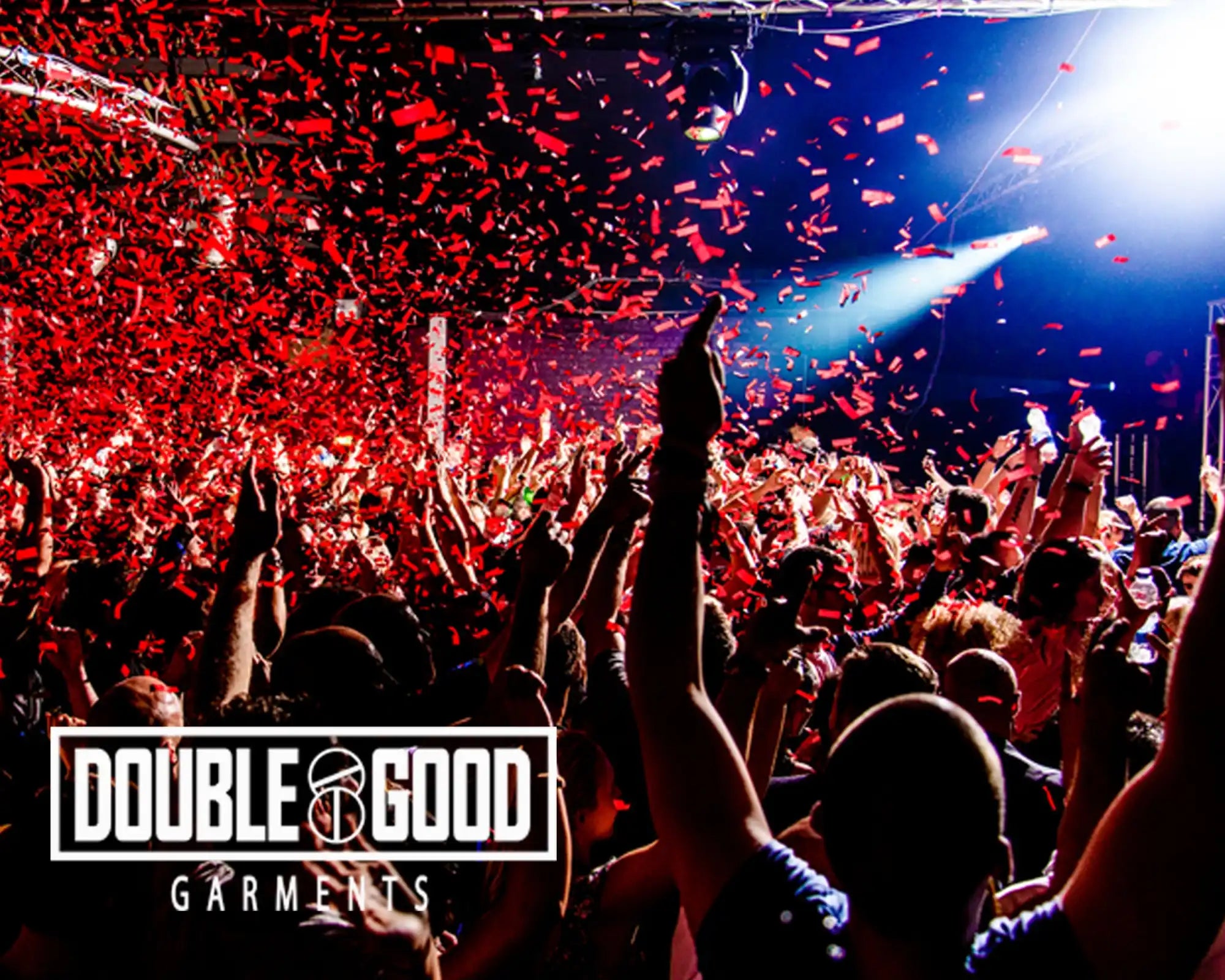 Crowd of people with confetti.