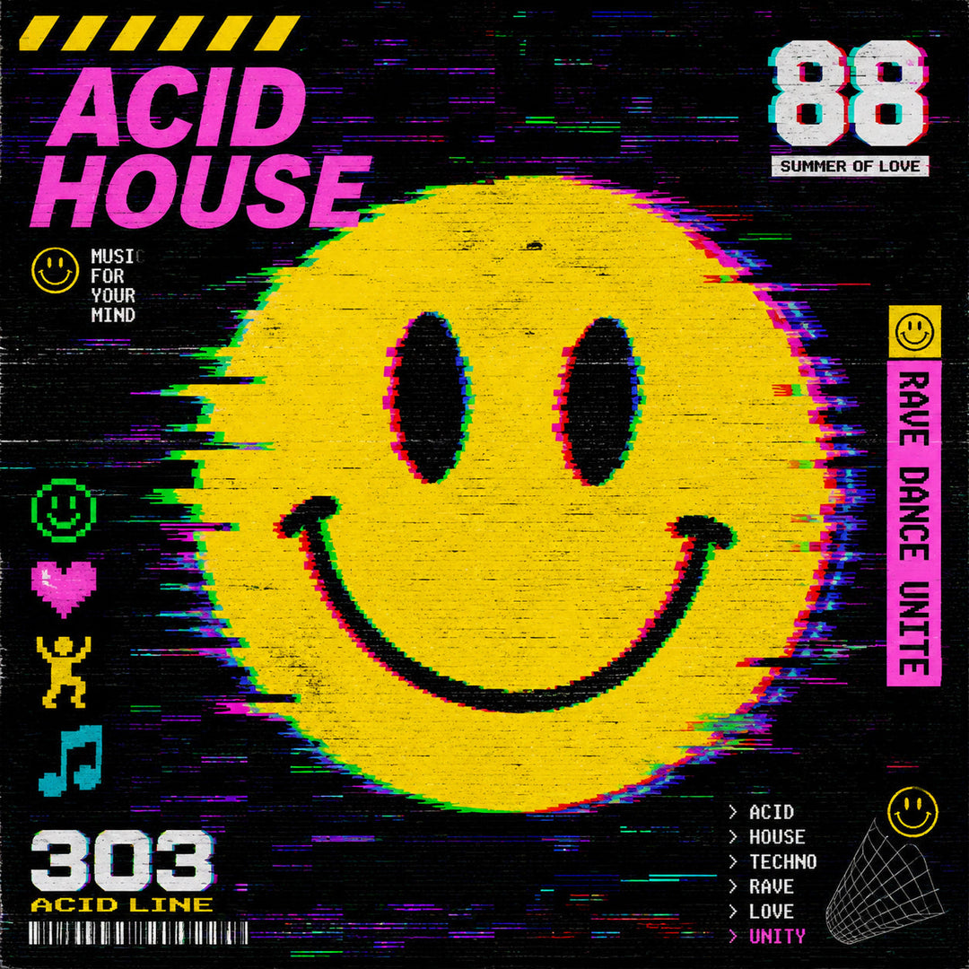 The iconic yellow acid house smiley symbol representing British rave culture and 1980s acid house history