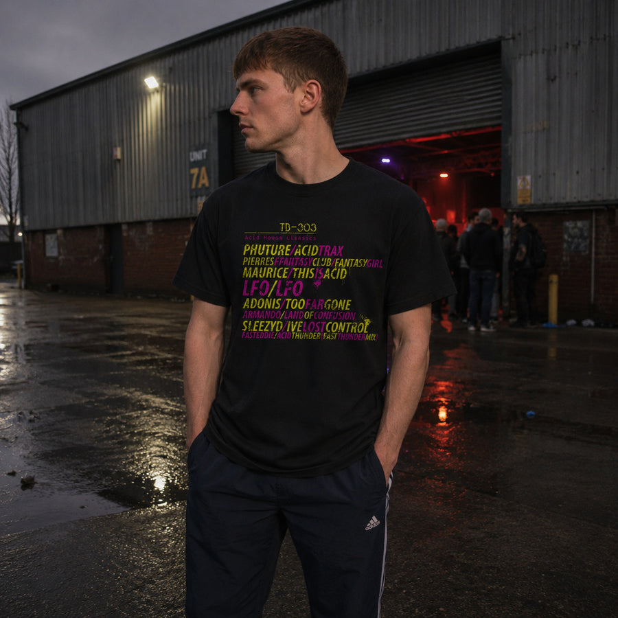 A man wearing a black graphic t-shirt and dark athletic pants stands in a wet outdoor industrial yard in front of a large metal warehouse door. The t-shirt features Acid House Roland synth graphic tee