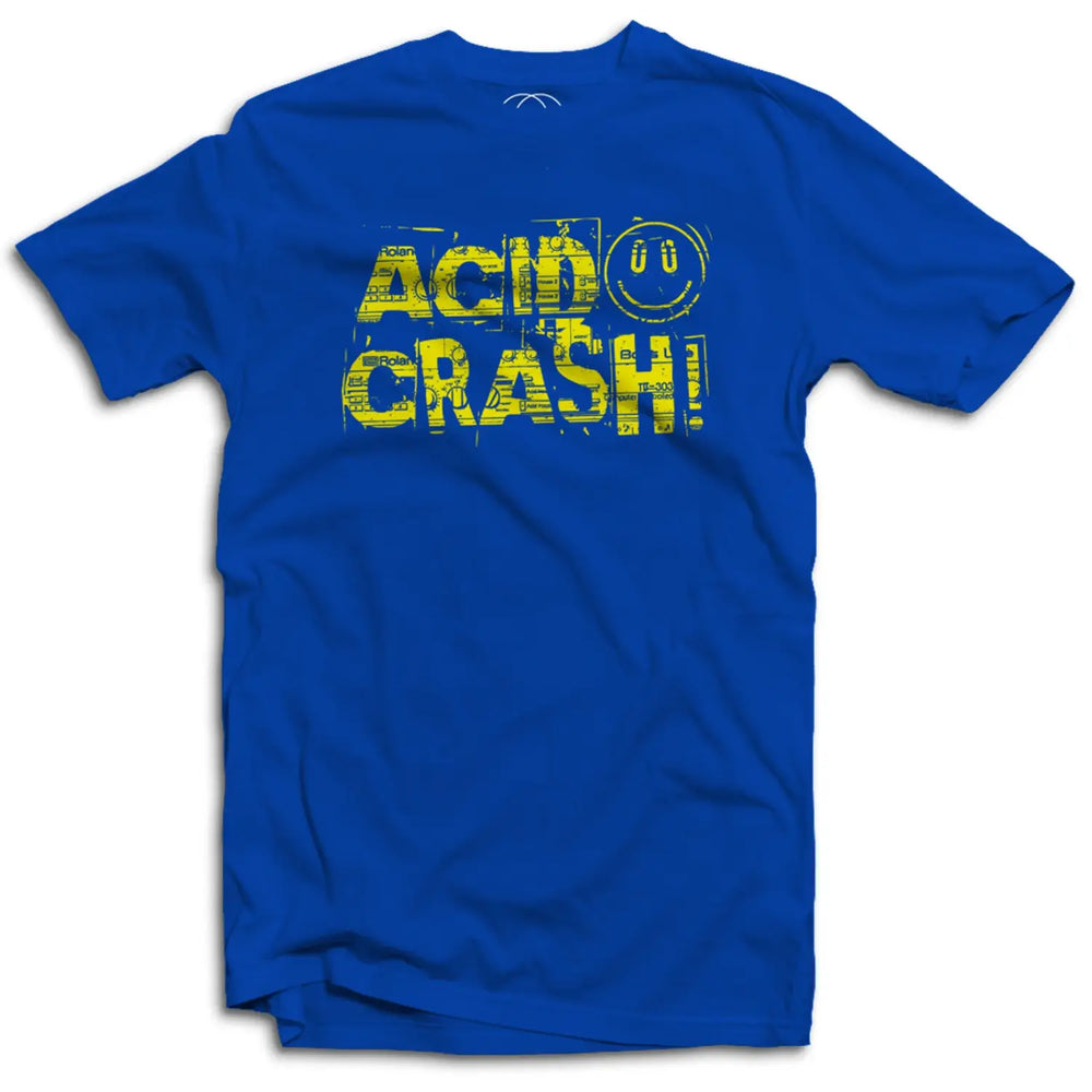 Men's royal blue Acid Crash rave t-shirt with retro acid house artwork on the front.
