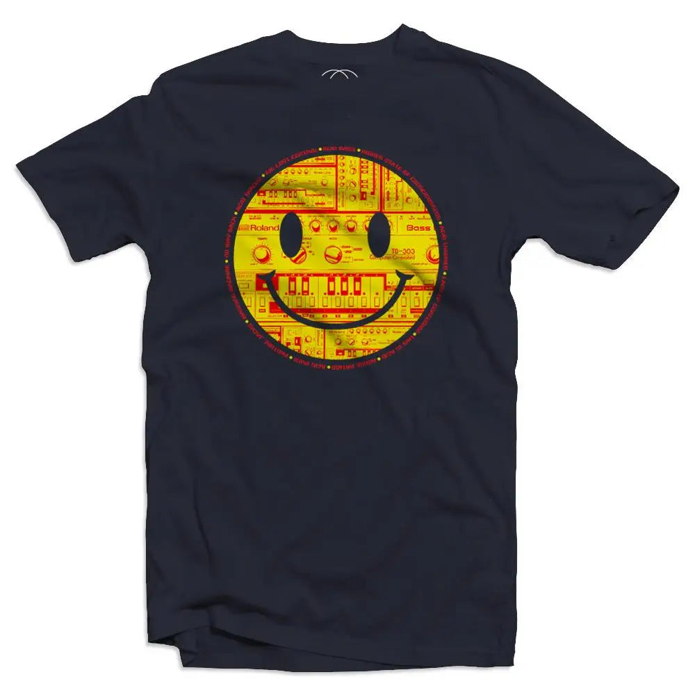 Acid 303 Smiley men's navy t-shirt featuring a yellow acid house smiley face inspired by the legendary TB-303 synthesiser.