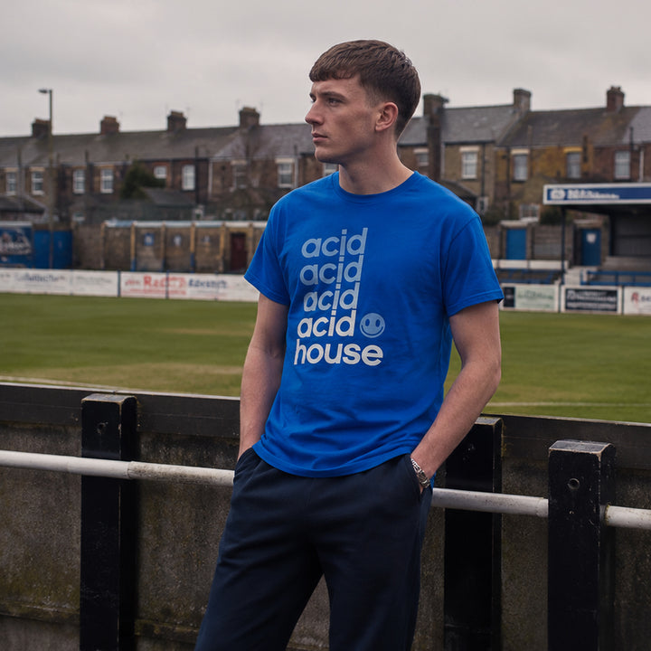 Acid House Spezial men's royal blue t-shirt inspired by working-class footbal casual culture