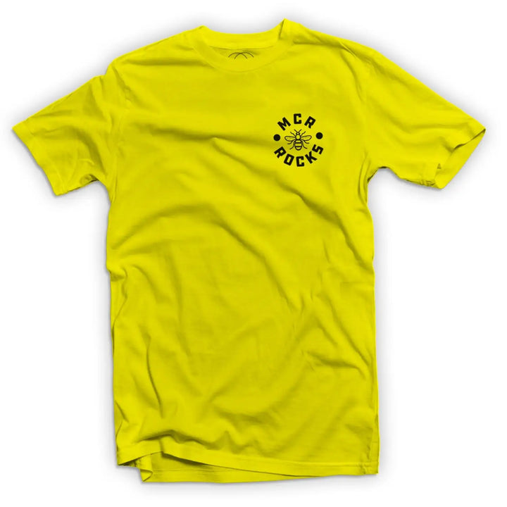 Manchester Rocks Logo Breast Pocket Print Men’s T - Shirt - L / Yellow