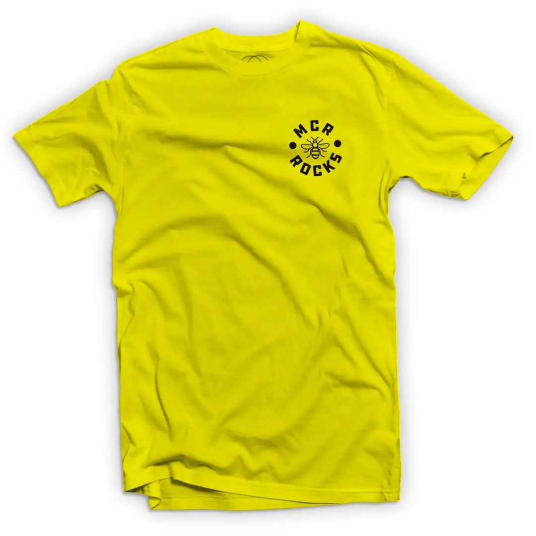 Manchester Rocks Logo Breast Pocket Print Men’s T - Shirt - M / Yellow