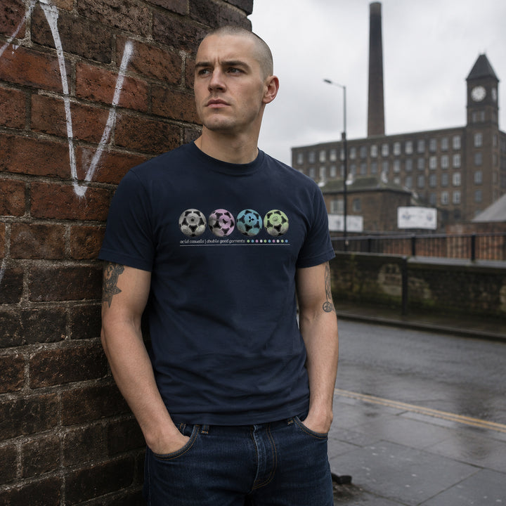 Football casual wearing Acid Tango t-shirt against an industrial northern brick backdrop.
