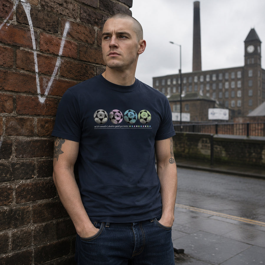 Football casual wearing Acid Tango t-shirt against an industrial northern brick backdrop.